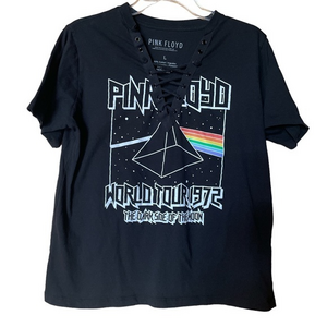 Pink Floyd Womens Lace Up Graphic Tee World Tour 1972 Dark Side of The Moon L
